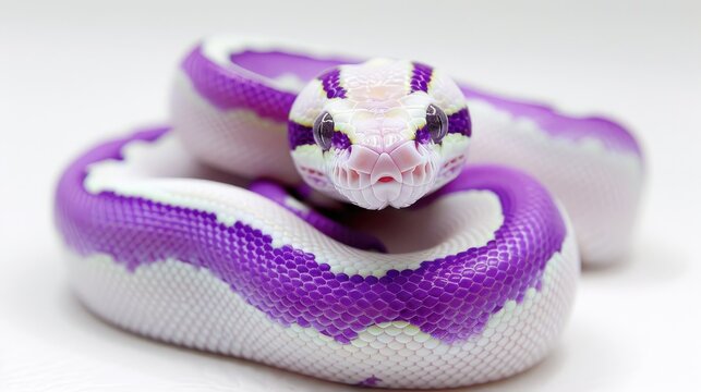 Albino Ball Python with purple coloring against white surface