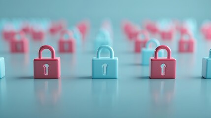 Close-up of pink and blue padlocks standing on a reflective surface, symbolizing security and protection in a digital context.