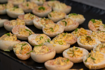 Deviled eggs at a party on a tray