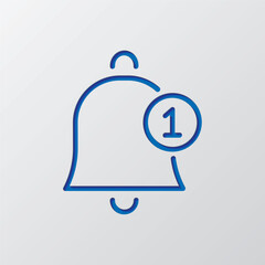 Alarm bell with notification simple icon vector. Flat design. Paper cut design. Cutted blue symbol with shadow. Gray background