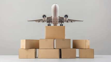 Stack of brown box packaging and airplane, shipping business worldwide full body on white background , stock photo --ar 16:9 --style raw Job ID: 55e4e2d9-e714-4780-9969-8966e24d1e78