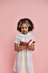 A young African American girl in a plaid dress, with colorful hair clips, holds a gift box and a smartphone against a pink background.