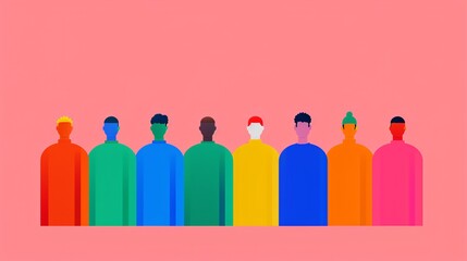 Colorful illustration of seven diverse figures standing together on a pink background, representing unity and diversity.