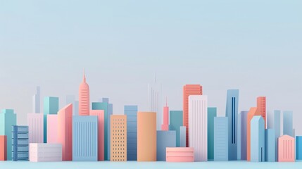 Obraz premium Colorful minimalist city skyline illustration with various modern buildings against a clear blue sky, perfect for backgrounds or urban design themes.