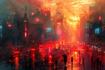 Obraz premium Futuristic Cityscape With Red Sky and Rain at Sunset
