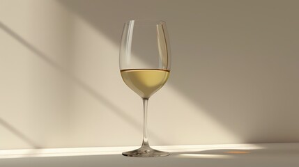 Glass of white wine on a white background, subtle shadows, clean lighting, side view