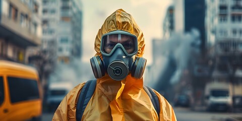 Man protected in hazmat suit and mask from pollution and radiation. Concept Protection Gear, Hazmat Suit, Respiratory Mask, Radiation Safety, Environmental Health