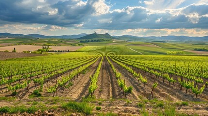 A field of grape vines with a cloudy sky in the background