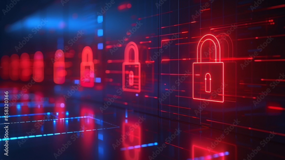 Wall mural digital security concept with glowing red padlocks and data flow background, representing network pr