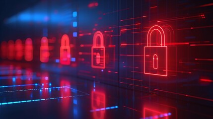 Fototapeta premium Digital security concept with glowing red padlocks and data flow background, representing network protection and cybersecurity.