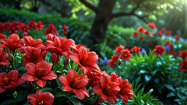 Crimson blooms, their vivid hue a stark contrast against the surrounding greenery.