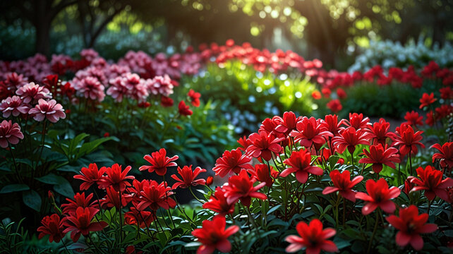 Lush garden of crimson blooms, their vivid hue a stark contrast against the surrounding greenery.
