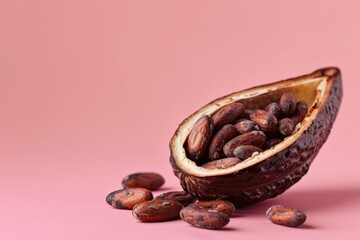 Close-up shot of a sliced cacao pod, showcasing its cocoa beans and natural beauty against a soft pastel background