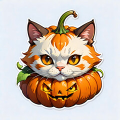 Obraz premium Halloween Cat with Pumpkin. An endearing, isolated illustration of a cat atop a carved pumpkin, perfect for festive designs and seasonal branding.