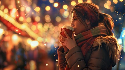 A young woman drinks a hot beverage on a street decorated for Christmas. Festive Christmas cozy atmosphere. Takeaway coffee concept 