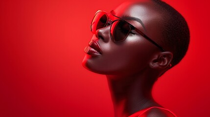 Bright studio fashion portrait of a young black woman wearing sunglasses