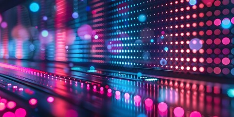 Neon music tech background with light dots and equalizer visualizing music waves. Concept Neon Lights, Music Technology, Visual Effects, Equalizer Waves, Techno Aesthetics