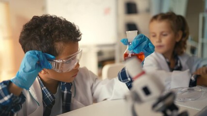 Schoolboy observes reaction in lab flask, schoolgirl write down research result - Powered by Adobe