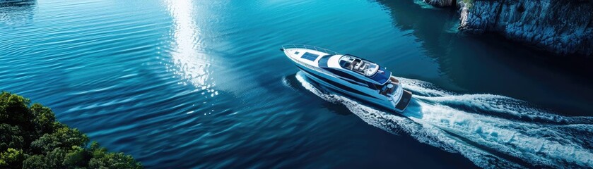 Naklejka premium A luxury yacht cruising on clear blue waters with a scenic background. Perfect for travel and leisure concepts.