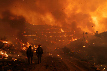 Wildfires consume vast landscapes, fueled by dry conditions and strong winds, leaving trails of destruction in their wake.