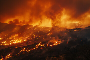 Naklejka premium Wildfires consume vast landscapes, fueled by dry conditions and strong winds, leaving trails of destruction in their wake.