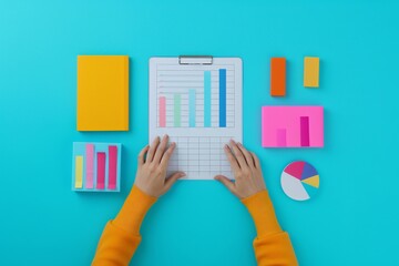 Hands holding clipboard with colorful charts and graphs, surrounded by notebooks and sticky notes on a vibrant turquoise background.