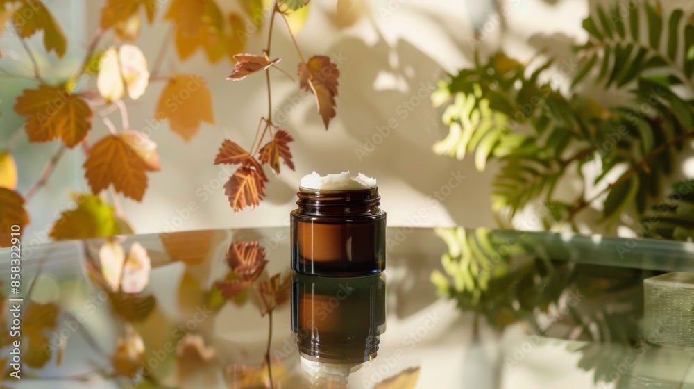 Poster a glass jar of cream sits on a glass table. fall leaves are in the background. the cream jar reflect