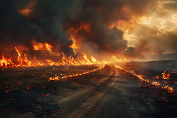 Wildfires consume vast landscapes, fueled by dry conditions and strong winds, leaving trails of destruction in their wake.