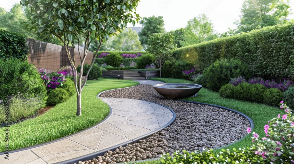 Poster a garden with a path and a pond