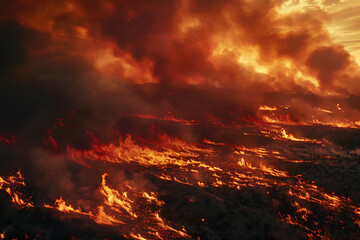 Wildfires consume vast landscapes, fueled by dry conditions and strong winds, leaving trails of destruction in their wake.