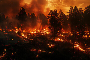 Wildfires consume vast landscapes, fueled by dry conditions and strong winds, leaving trails of destruction in their wake.