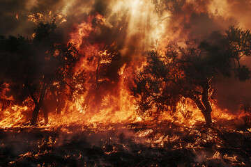 Wildfires consume vast landscapes, fueled by dry conditions and strong winds, leaving trails of destruction in their wake.