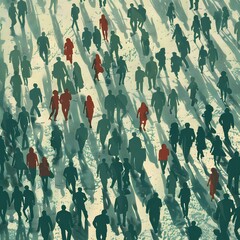 A large crowd of people walking in the same direction, seen from above.  The image is stylized with a  muted color palette and the figures are blurred.