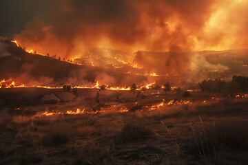 Wildfires consume vast landscapes, fueled by dry conditions and strong winds, leaving trails of destruction in their wake.