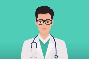 Fototapeta premium Illustration of a male doctor with glasses, stethoscope, and white coat on a green background. Ideal for medical and healthcare themes.