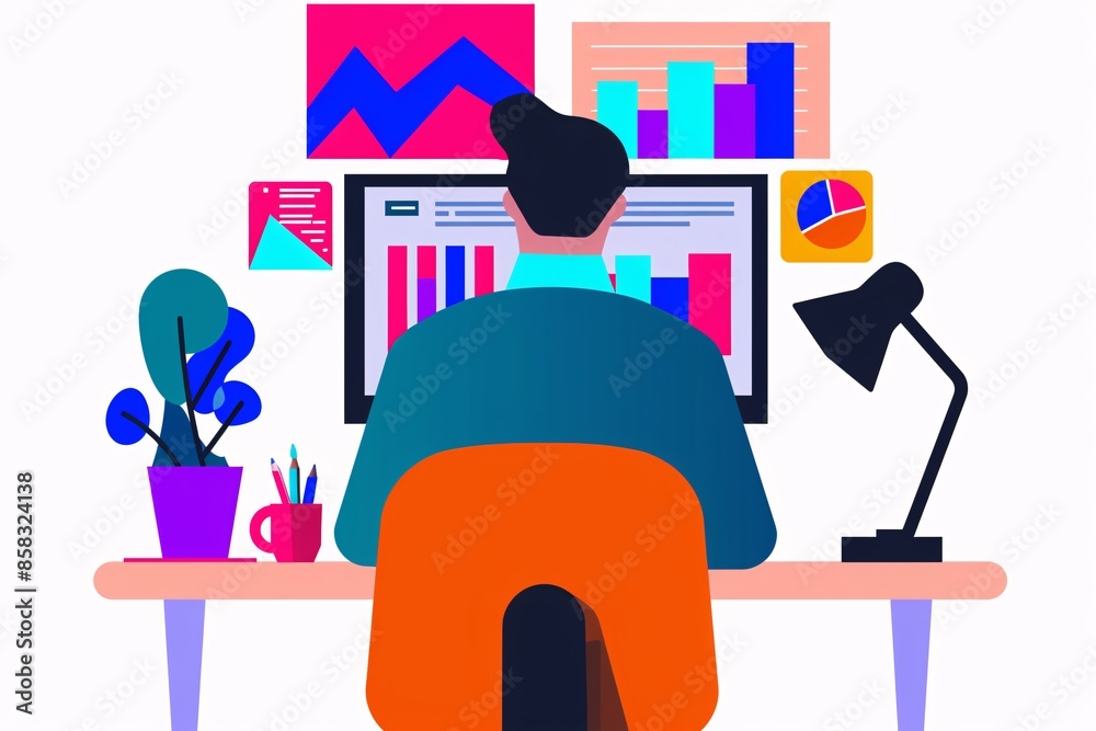 Poster illustration of a man working at a desk with computer screens displaying charts, graphs, and data vi
