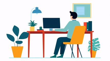 Fototapeta premium Illustration of a man working at a desk with a computer, plants, and office supplies, ideal for remote work or office-themed projects.