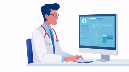 Illustration of a medical professional using a computer for patient data analysis, healthcare technology, electronic health records.