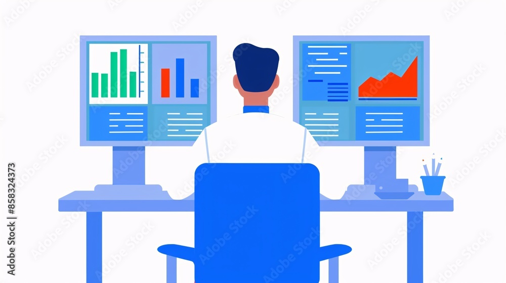 Poster illustration of a person analyzing data on multiple computer screens, showing graphs and charts in a