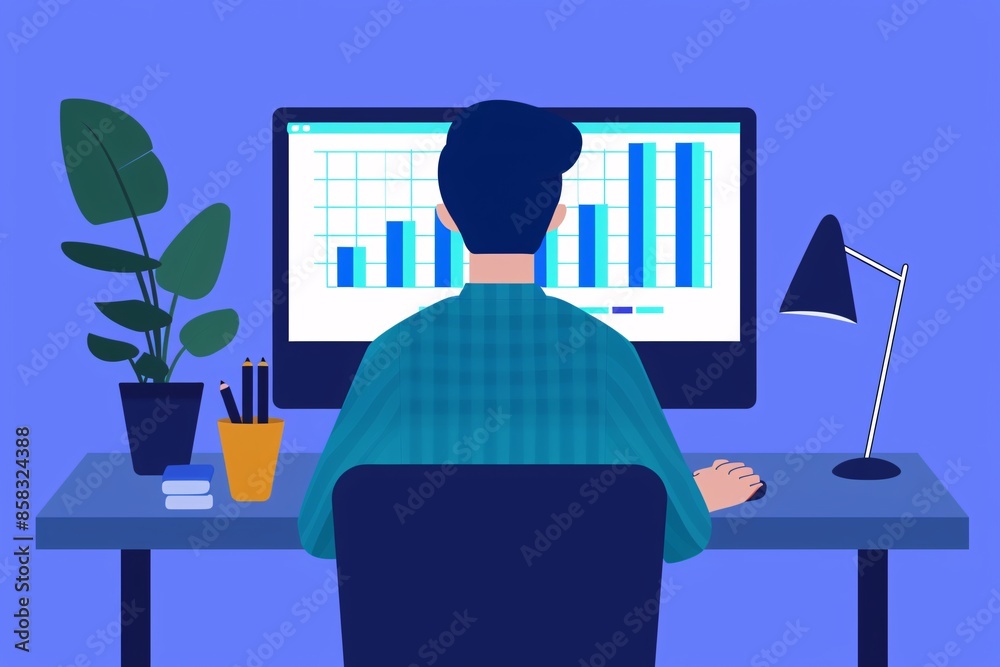 Poster illustration of a person analyzing data on a computer screen with charts and graphs, perfect for bus