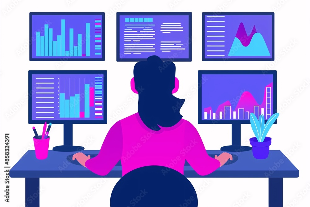 Poster illustration of a person analyzing data on multiple screens from behind. concepts include business a