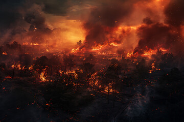 Wildfires consume vast landscapes, fueled by dry conditions and strong winds, leaving trails of destruction in their wake.
