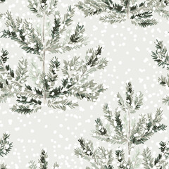 Christmas seamless pattern, pine trees, snow, light gray background. Vector illustration. Nature design. Season greeting. Winter Xmas holidays