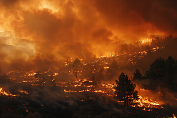 Wildfires consume vast landscapes, fueled by dry conditions and strong winds, leaving trails of destruction in their wake.