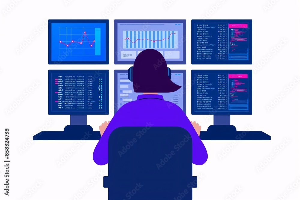 Poster illustration of a person working at a computer desk with multiple monitors displaying data charts an