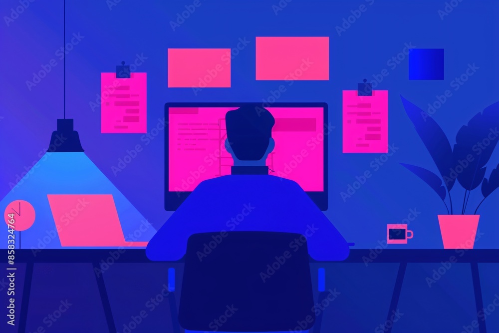 Poster illustration of a person working at a computer desk with screens and notes, representing a modern wo