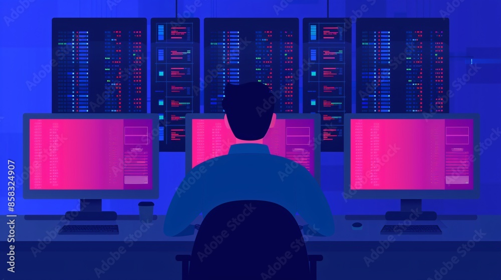 Poster illustration of a person working at a computer desk with multiple screens, analyzing data in a secur