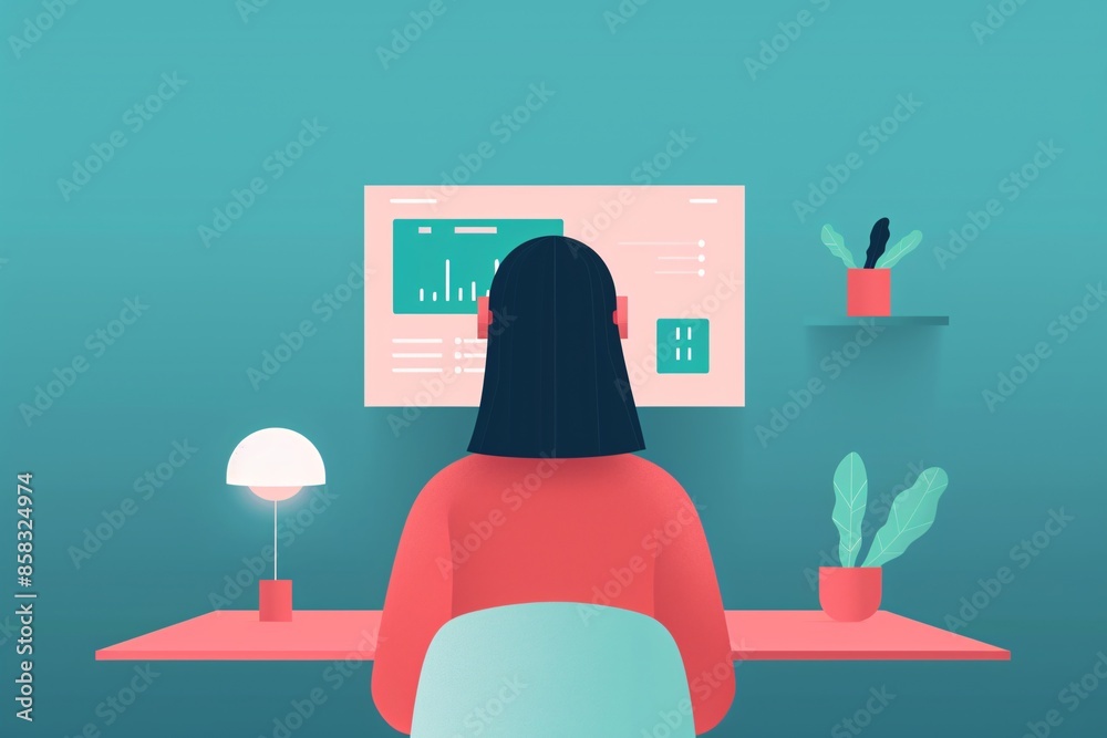 Poster illustration of a person working at a desk with a computer screen displaying data analytics, surroun
