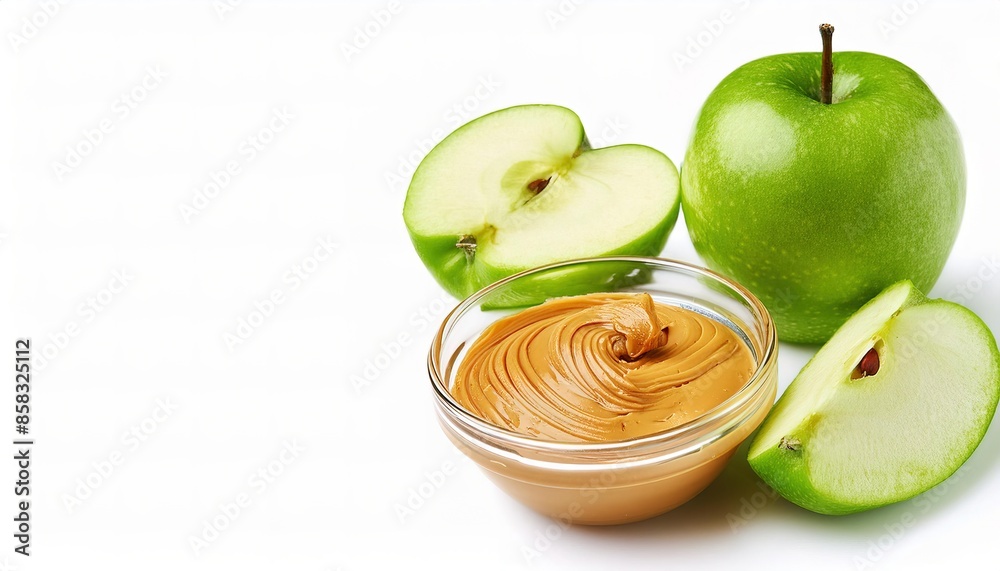 Wall mural green apple slices with peanut butter dip dipping sauce. healthy eating concept. healthy snack, nutr