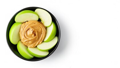 green apple slices with peanut butter dip dipping sauce. healthy eating concept. healthy snack, nutrition food, diet, sweet and sour tart mix.  isolated on white background with copy space.
